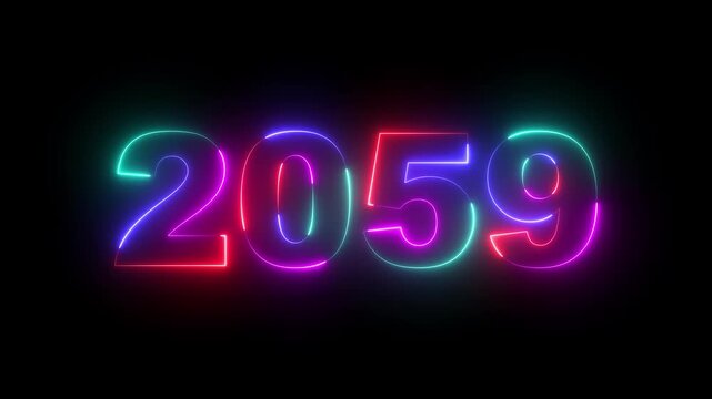 Happy new year 2059 Neon animated background. Video animation of abstract neon light with the numbers 2059 over blue background - represents the new year. 2059 happy new year.