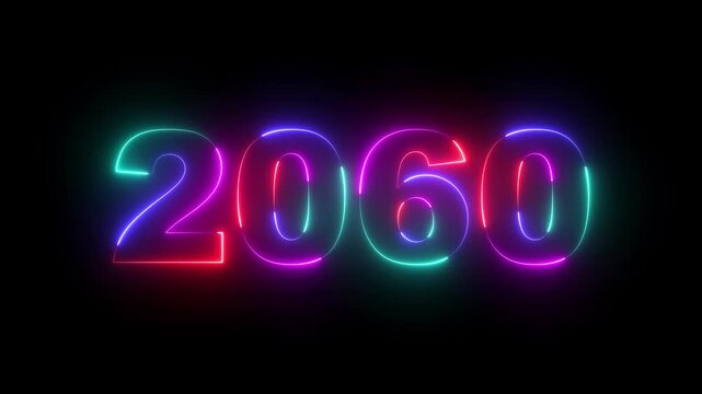 Happy new year 2060 Neon animated background. Video animation of abstract neon light with the numbers 2060 over blue background - represents the new year. 2060 happy new year.