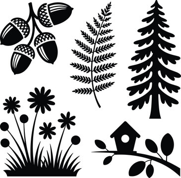 Black and white nature of acorns, fern, tree, flowers, and birdhouse