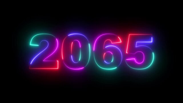 Happy new year 2065 Neon animated background. Video animation of abstract neon light with the numbers 2065 over blue background - represents the new year.