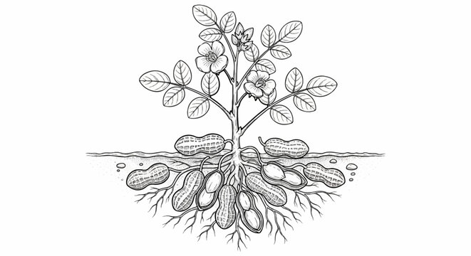 Detailed illustration of a peanut plant showing flowers, leaves, roots, and underground pods