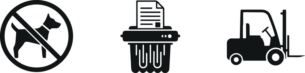 No dog sign, paper shredder machine, and forklift truck icon vector set isolated on light background for prohibition, office equipment, and warehouse transport design © Nasrin