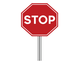 Obraz premium Octagonal Red Stop Sign on Metal Pole, Traffic Control Symbol, image symbolizes prohibition, traffic rules, and caution, Clear Background