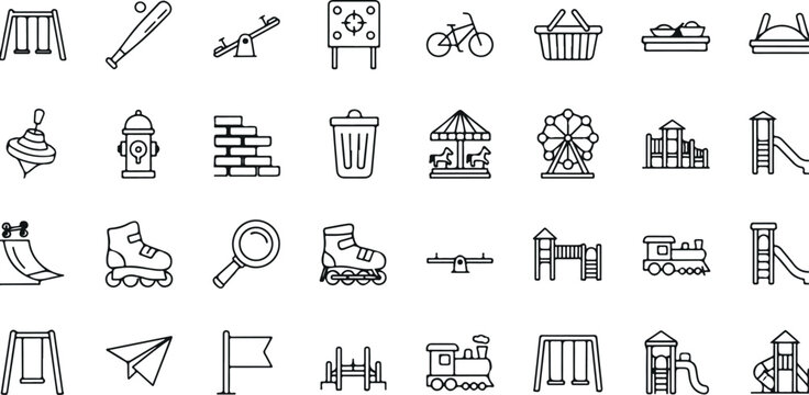 Playground and park activity icon vector set with swing, slide, bicycle, sandbox, train, and amusement park symbols isolated on light background