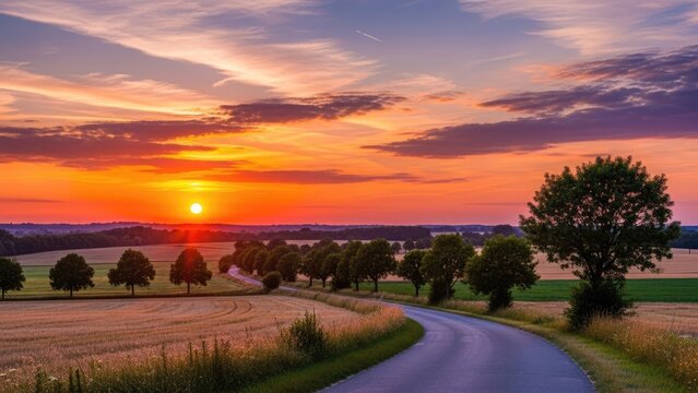 A serene country road winds through fields and trees at sunset