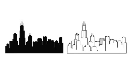 Obraz premium Chicago skyline silhouette illustration in black and white duplicated side by side