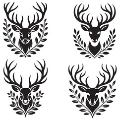 Deer head logo with antlers and laurel wreath vector set