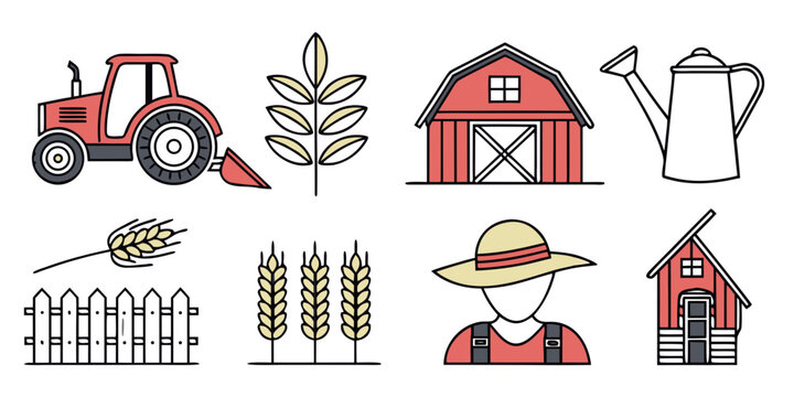 farm icons including tractor and farmer Vector