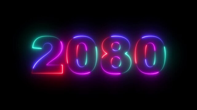 Happy new year 2080 Neon animated background. Video animation of abstract neon light with the numbers 2080 over blue background - represents the new year.