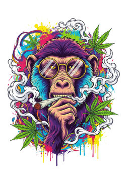 anthropomorphic baboon with retro eyeglasses smoking a cannabis joint, rendered in highly graphic vector art with fluorescent neon colors and psychedelic paint splatters, concept of counter-culture