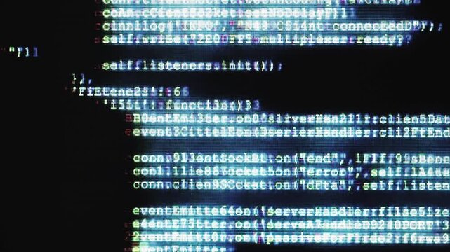 Hacker code on computer screen, suggesting programming, software development, cybersecurity and hacking; close-up pixelated terminal text and script evoke data, networks and digital technology.