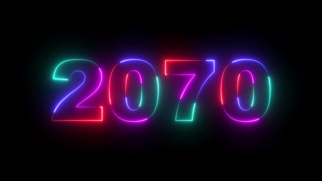 Happy new year 2070 Neon animated background. Video animation of abstract neon light with the numbers 2070 over blue background - represents the new year.