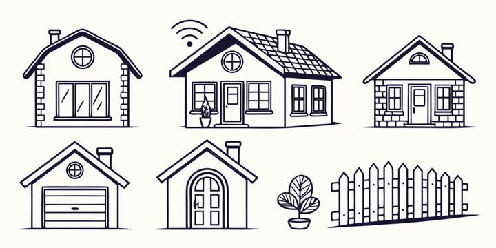 a set of seven different house and building designs Vector