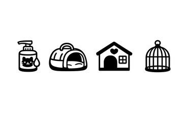 A set of four minimalist black and white icons representing pet care