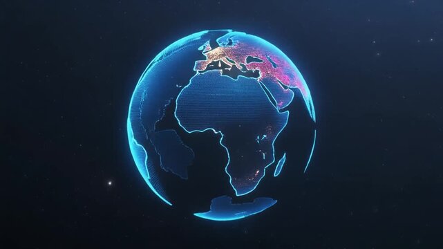 A glowing blue globe centered on South America with illuminated city lights against a dark starry night sky background for a presentation