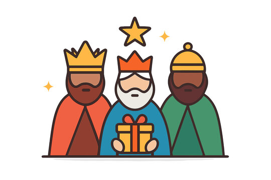 A flat illustration of the three wise men wearing crowns and robes. The central figure holds a gift box under a starry sky. This minimalist design features bold outlines and colors.