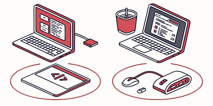 laptops and peripherals on a white background Vector