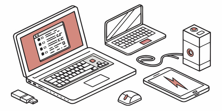 a laptop computer with peripherals and another laptop Vector