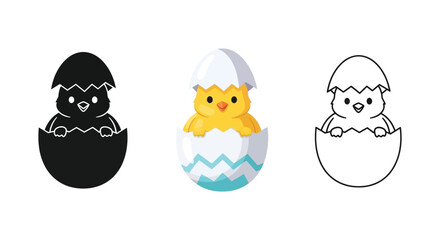 Obraz premium Cute baby chick hatching from egg set, vector illustration of little bird in shell, flat design, line art and silhouette