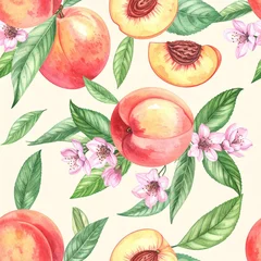Nahtloses Aquarell-Muster mit Pfirsichen, blühenden Blüten und grünen Blättern © Silvia Bogdanski