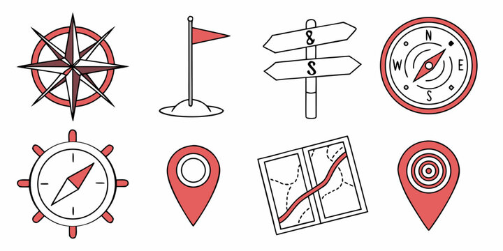 a set of navigation icons including compasses and map markers Vector