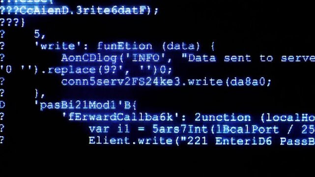 Hacker code on computer screen, suggesting programming, software development, cybersecurity and hacking; close-up pixelated terminal text and script evoke data, networks and digital technology.