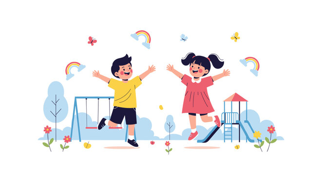 Cheerful boy and girl jump with excitement on colorful playground with slide and swings under rainbow sky.