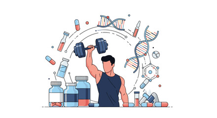 Obraz premium Strong athletic man lifting a heavy dumbbell surrounded by medical icons including DNA strands, pills, and vaccine vials for health.