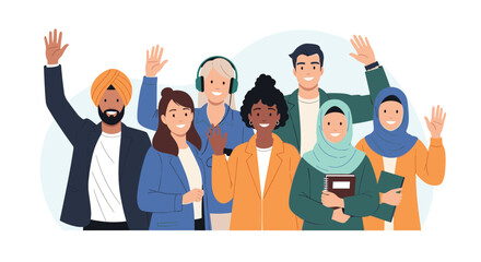 Obraz premium Diverse group of smiling people from different cultures and backgrounds standing together and waving their hands in a friendly greeting.
