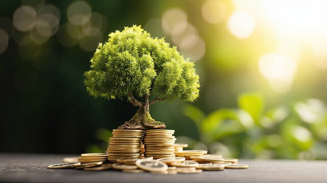Lush green tree growing from stacks of books symbolizing growth knowledge and nature concept