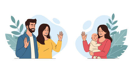 Fototapeta premium Friendly neighbors waving to each other with a young couple greeting a mother who is holding her newborn baby in a pleasant setting.