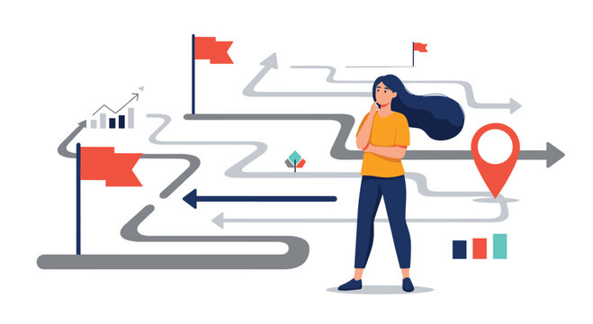 Thoughtful woman standing in front of many branching paths on a map trying to decide the best direction for her future goals.