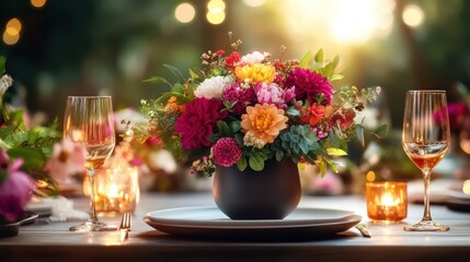 Elegant table setting with vibrant floral centerpiece and glowing candles for a special occasion