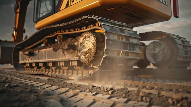 Close up view of a bulldozer track moving on construction site heavy machinery in action