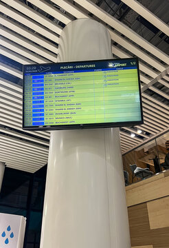 Chisinau, Moldova &ndash; March 3, 2026: Digital departures information board displaying international flights inside the terminal of Chisinau International Airport.