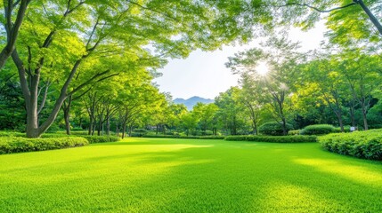 Obraz premium Lush green park lawn with sunbeams filtering through vibrant trees and distant mountains