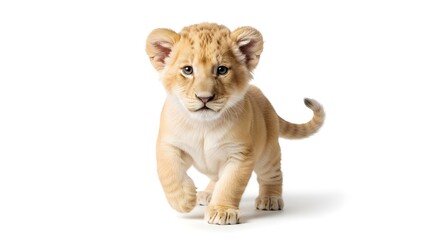 Obraz premium Cute lion cub walking on a plain background with curious expression