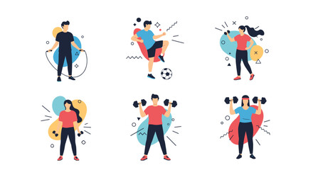 Fototapeta premium Set of people performing different physical exercises including weightlifting football and jumping rope for health.