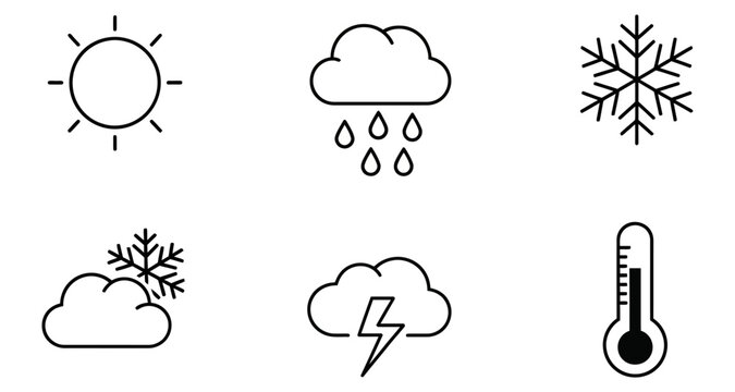 Simple black and white weather icons depicting sun clouds snow and temperature