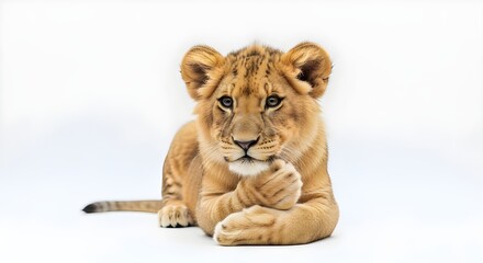 Obraz premium Cute young lion cub resting with gentle expression against a plain background