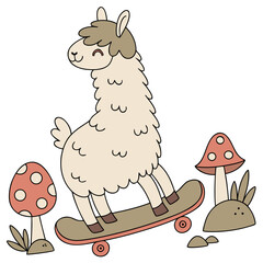 Fototapeta premium Whimsy Woods colored Alpaca with a Cheerful touch, placed in a Fairy forest theme and styled with riding a skateboard