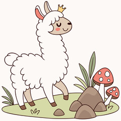 Fototapeta premium An adorable Alpaca with a Mischievous vibe, with a tiny crown, and a Whimsy Woods Fairy forest theme – SVG style