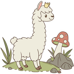 Fototapeta premium Cute Surprised Alpaca, accessorized with with a tiny crown, in a Fairy forest world – Whimsy Woods palette vector
