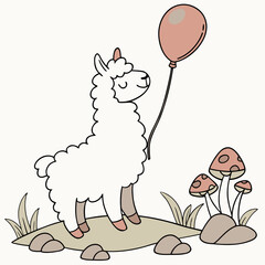 Fototapeta premium A Joyful Alpaca with with a balloon in a Fairy forest theme – Whimsy Woods palette SVG illustration