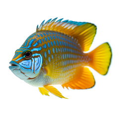 Fototapeta premium Vibrant tropical reef fish with blue, yellow and black stripes on white background — aquarium specimen, marine life close-up, isolated sea fish