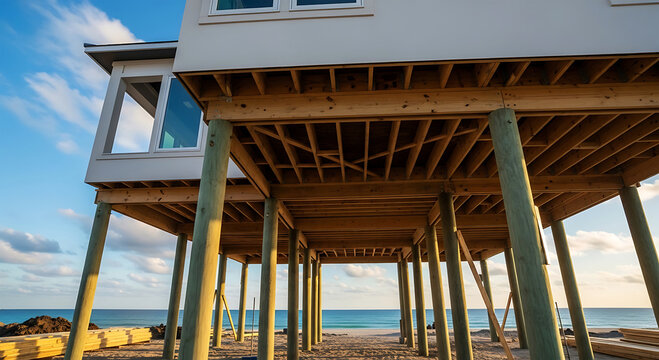 Elevated Coastal House Foundation on Pilings for Sea Level Rise Protection