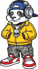 A trendy panda character, wearing oversized headphones and a hip-hop outfit, poses confidently, embodying a fusion of urban culture and playful animation.