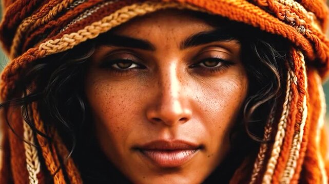 Close up portrait of a smiling middle eastern woman in traditional headscarf. generated with AI