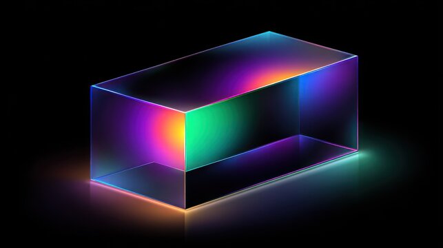 Three dimensional rectangular prism reflects vibrant spectrum light against a dark backdrop