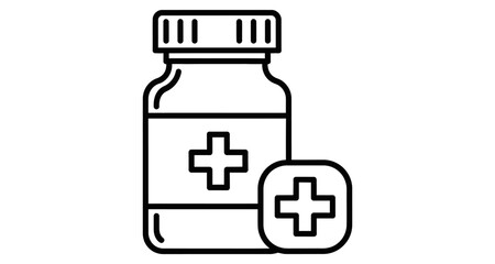 Fototapeta premium Simple black and white line drawing of a medicine bottle with a plus sign
